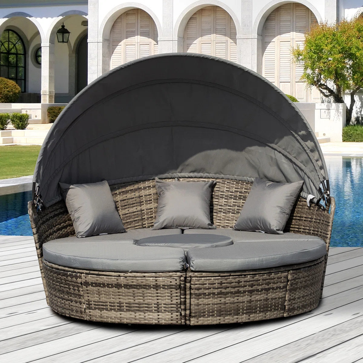 Jazmyne Outsunny 4 Piece Round Rattan Daybed. Convertible Patio Furniture Set. Adjustable Sun Canopy. Sectional Outdoor Sofa. 2 Chairs. Extending Tea Table Ottoman Chair. 3 Pillows