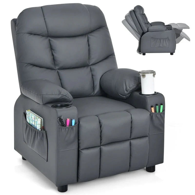 Kids Recliner Chair PU Leather Adjustable Lounge Sofa with Cup Holder. 3 Pockets & Retractable Footrest. Ergonomic Toddler Furniture Sofa