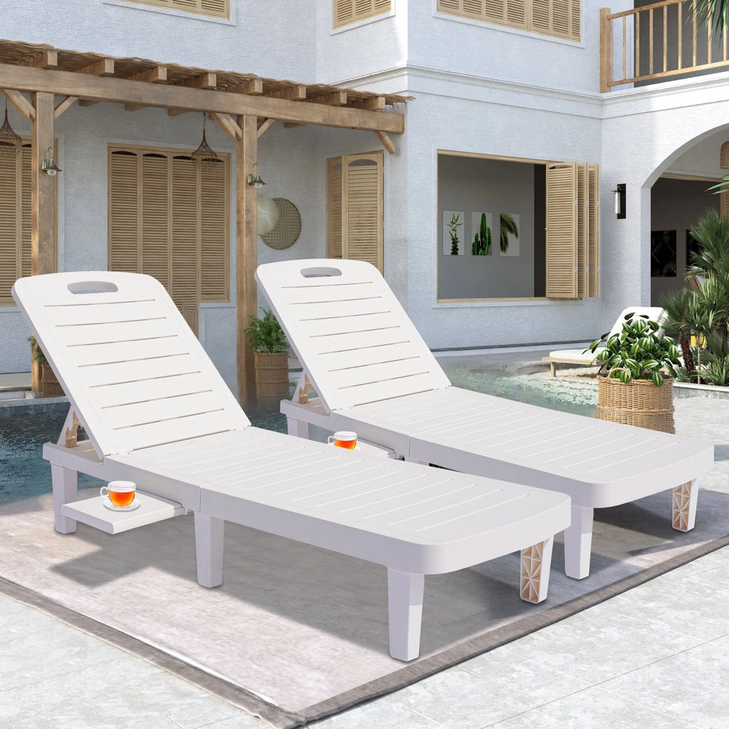 Patio Lounge Chair Set of 2. Adjustable Chaise with Side Table. Outdoor Lounger Recliner for Poolside. Patio. Backyard. Wood Texture Design | Waterproof | Easy to Assemble | Max Weight 330 lb White
