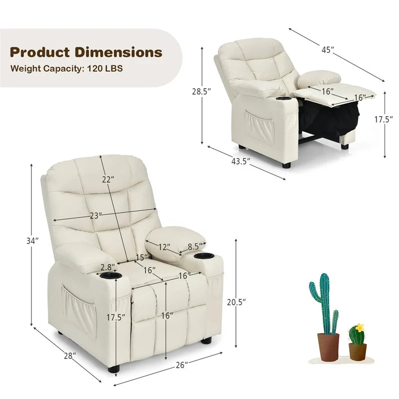 Kids Recliner Chair PU Leather Adjustable Lounge Sofa with Cup Holder. 3 Pockets & Retractable Footrest. Ergonomic Toddler Furniture Sofa