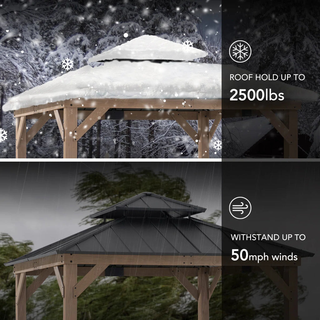 Sunjoy 11 x 11 ft. Wood Gazebo Standard Cedar Framed Gazebos with Black Double Steel Hardtop Roof for Garden. Backyard Shade