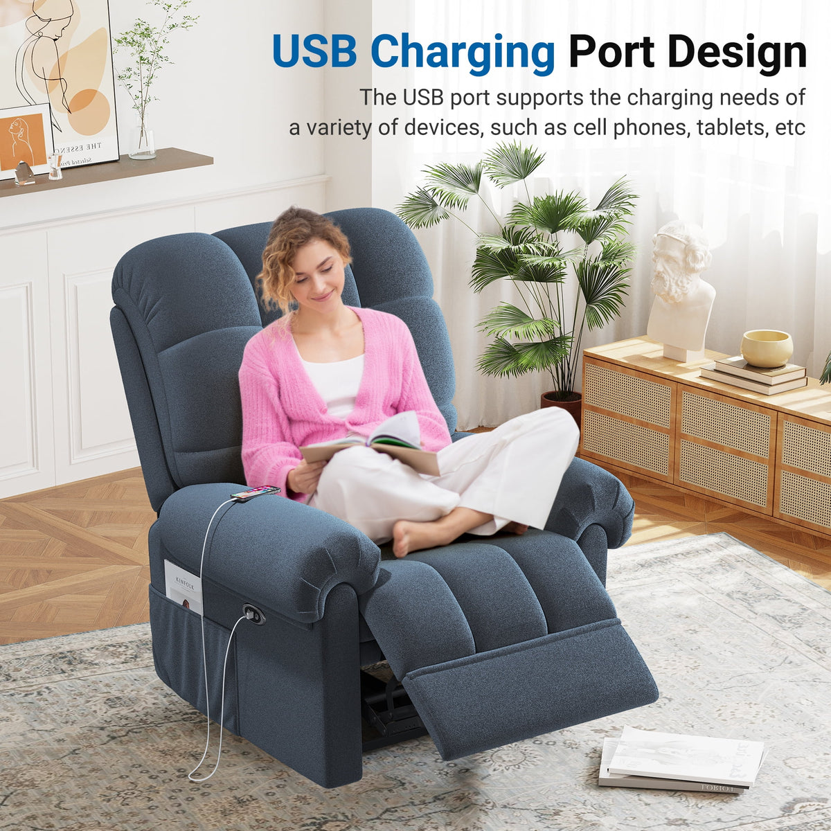 Power Recliner Chair. Electric Recline Sofa Chair for Adults with USB Port. Comfy Teddy Fleece Adjustable Cloud Sofa. Tool - Free Setup. Beige White
