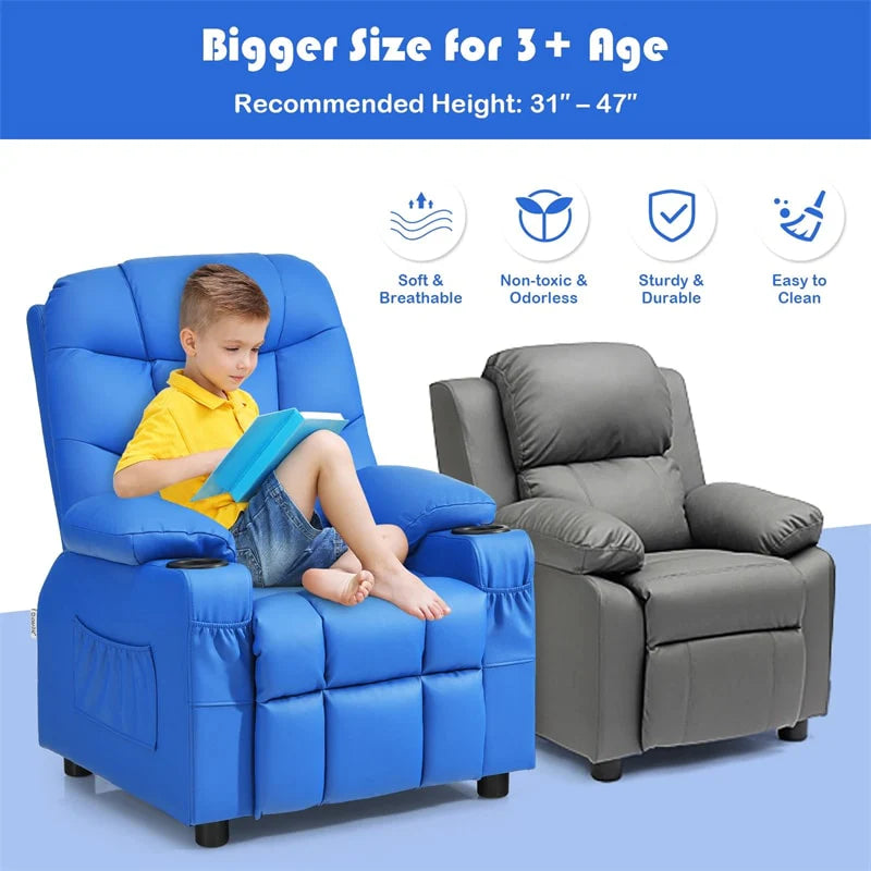 Kids Recliner Chair PU Leather Adjustable Lounge Sofa with Cup Holder. 3 Pockets & Retractable Footrest. Ergonomic Toddler Furniture Sofa