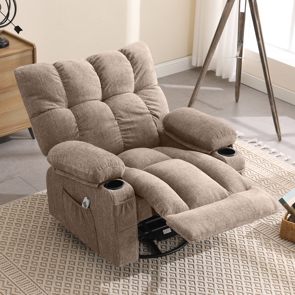 JONPONY Manual Recliner Chair with Heat Therapy and Massage Function. Heavy Duty Reclining Mechanism Massage Chair. Elderly Single Rocker Sofa with Cup Holders for Bedroom Home Theater. Grey