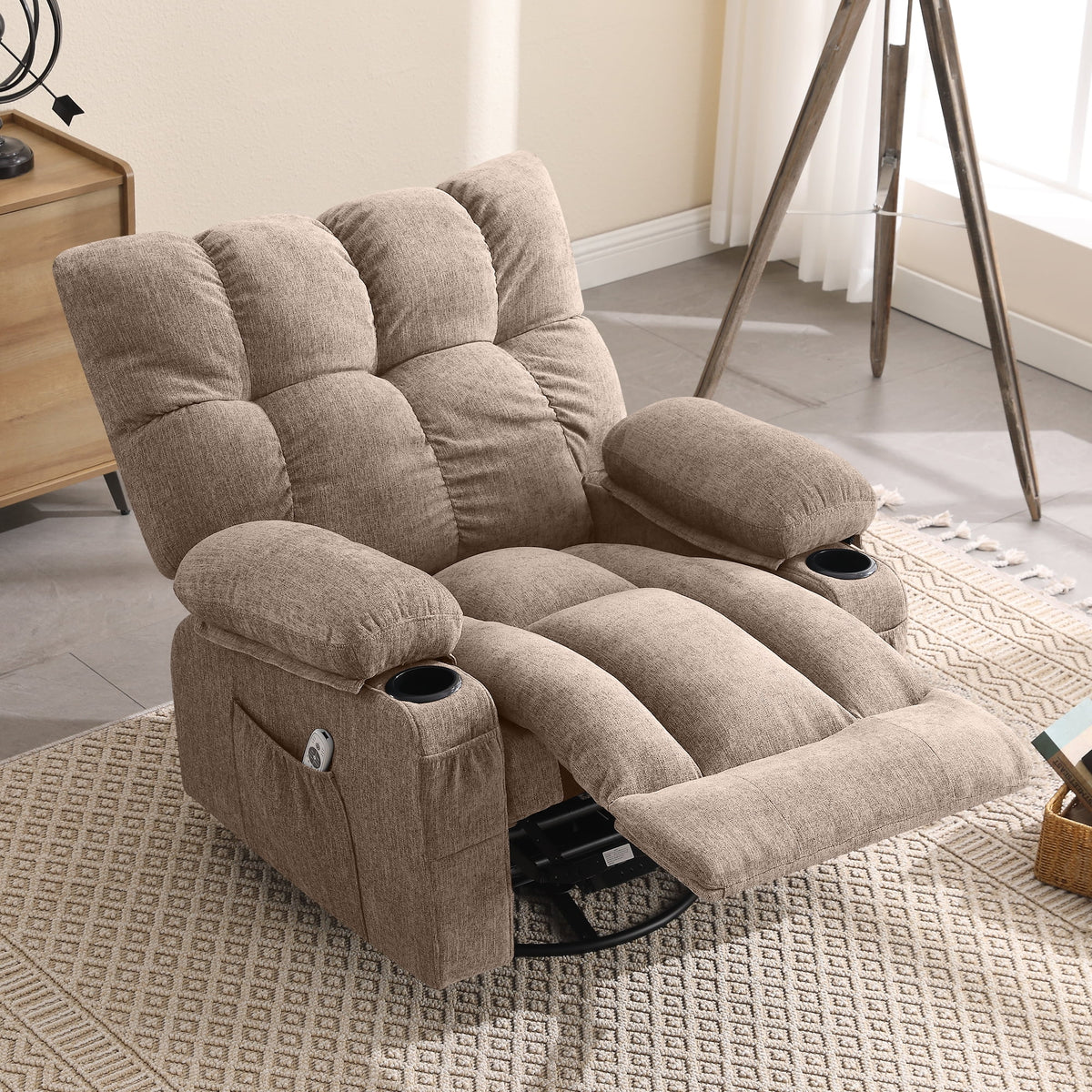JONPONY Manual Recliner Chair with Heat Therapy and Massage Function. Heavy Duty Reclining Mechanism Massage Chair. Elderly Single Rocker Sofa with Cup Holders for Bedroom Home Theater. Grey
