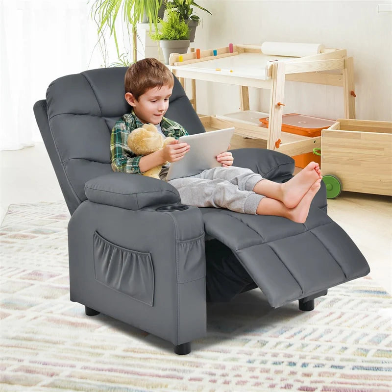 Kids Recliner Chair PU Leather Adjustable Lounge Sofa with Cup Holder. 3 Pockets & Retractable Footrest. Ergonomic Toddler Furniture Sofa