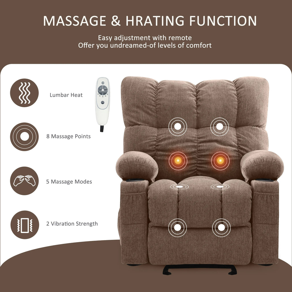 JONPONY Manual Recliner Chair with Heat Therapy and Massage Function. Heavy Duty Reclining Mechanism Massage Chair. Elderly Single Rocker Sofa with Cup Holders for Bedroom Home Theater. Grey