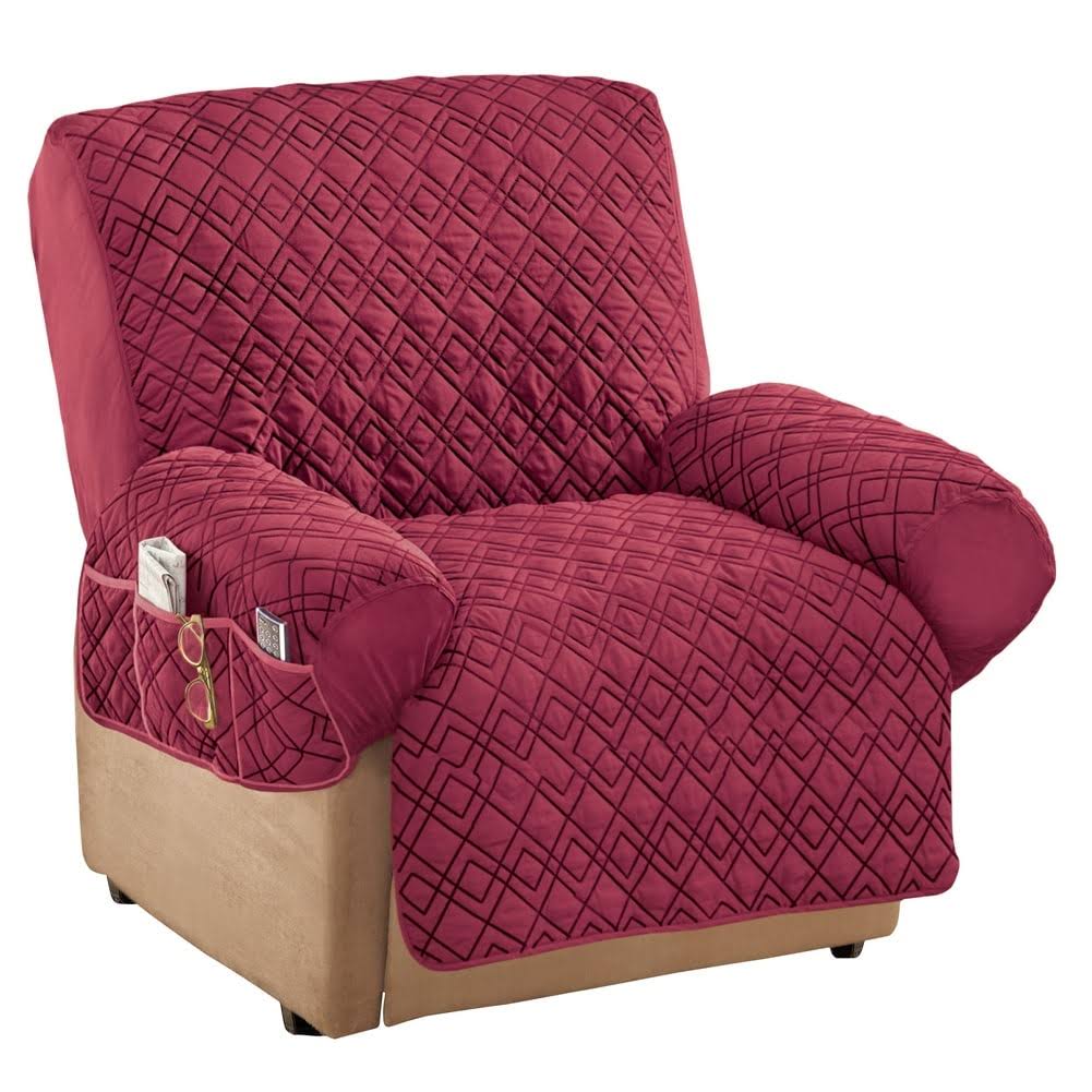Collections Etc Diamond-Shape Quilted Stretch Recliner Cover with Storage Pockets - Furniture Protector. Burgundy. Recliner