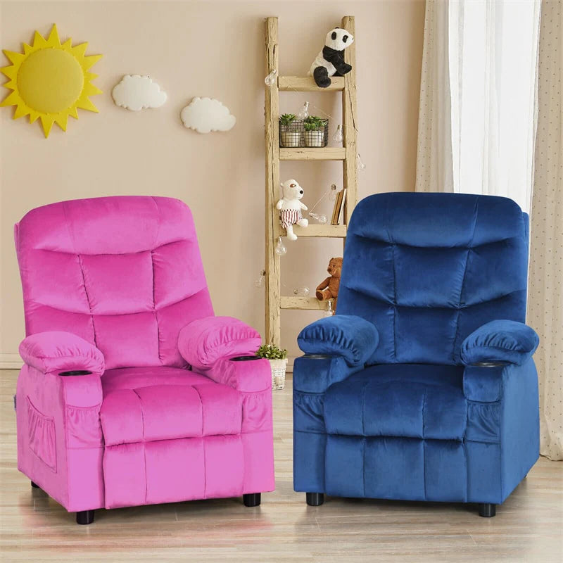 Kids Recliner Chair Adjustable Velvet Lounge Sofa with Cup Holders. 3 Pockets. Retractable Footrest. Toddler Furniture Sofa for Boys Girls Room