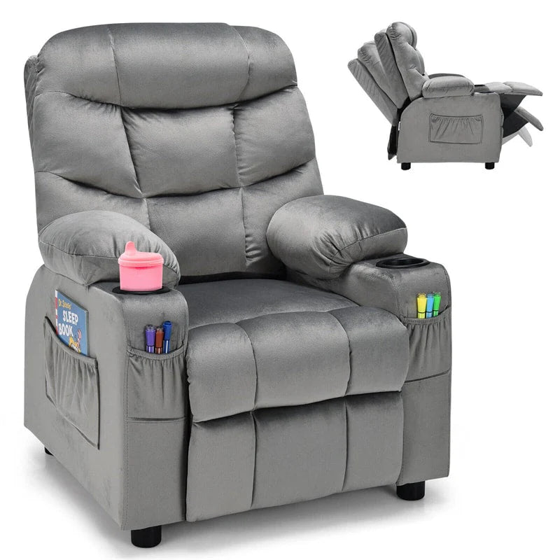 Kids Recliner Chair Adjustable Velvet Lounge Sofa with Cup Holders. 3 Pockets. Retractable Footrest. Toddler Furniture Sofa for Boys Girls Room