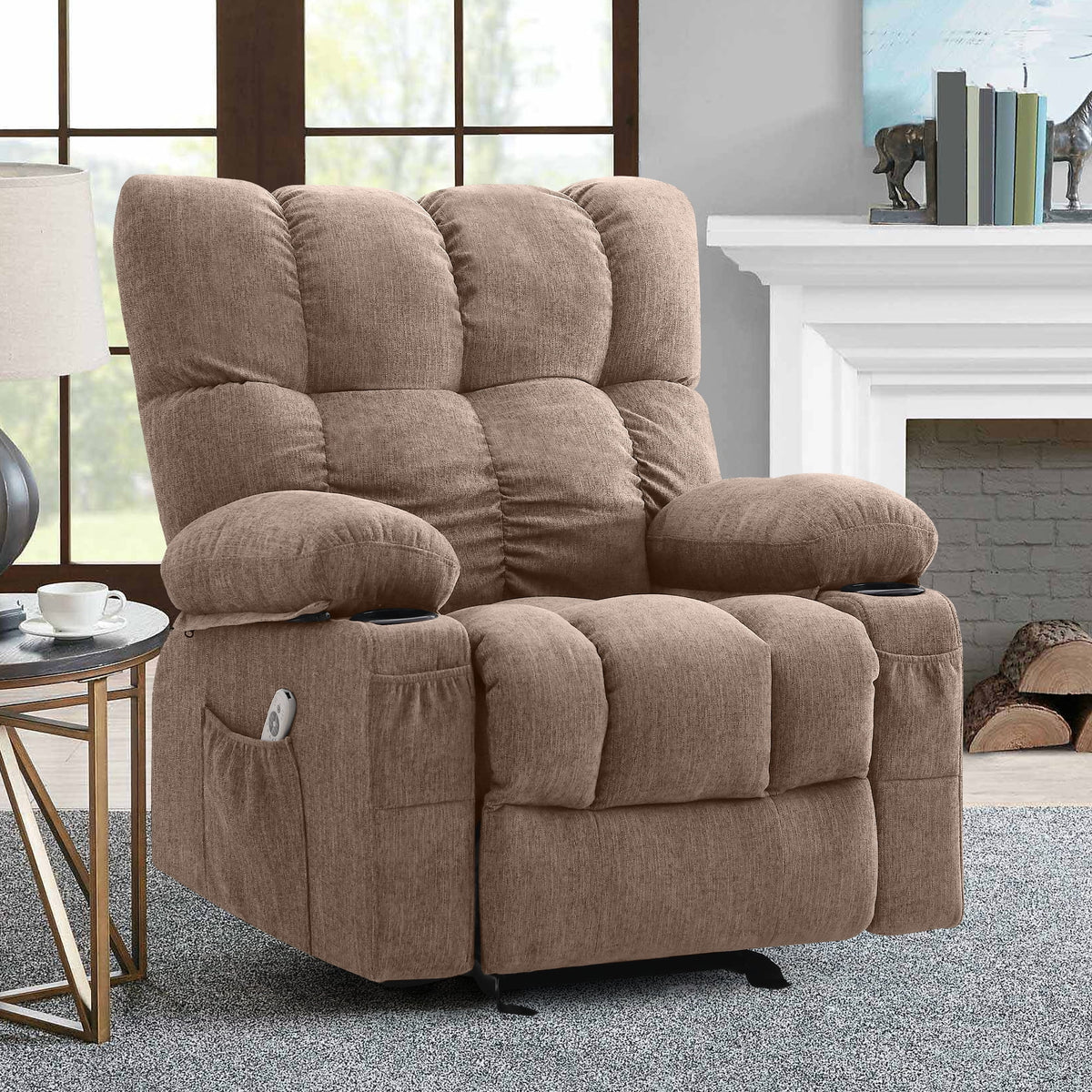 JONPONY Manual Recliner Chair with Heat Therapy and Massage Function. Heavy Duty Reclining Mechanism Massage Chair. Elderly Single Rocker Sofa with Cup Holders for Bedroom Home Theater. Grey