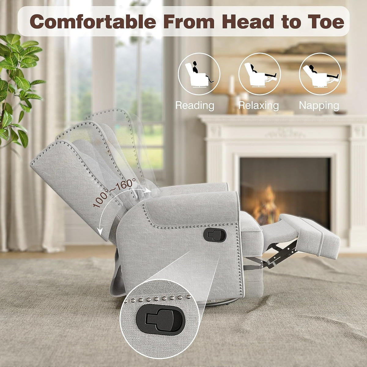 Royalcraft Swivel Nursery Glider Recliner. Comfy Upholstered Glider Chair with Lumbar Pillow and Footrest. Beige