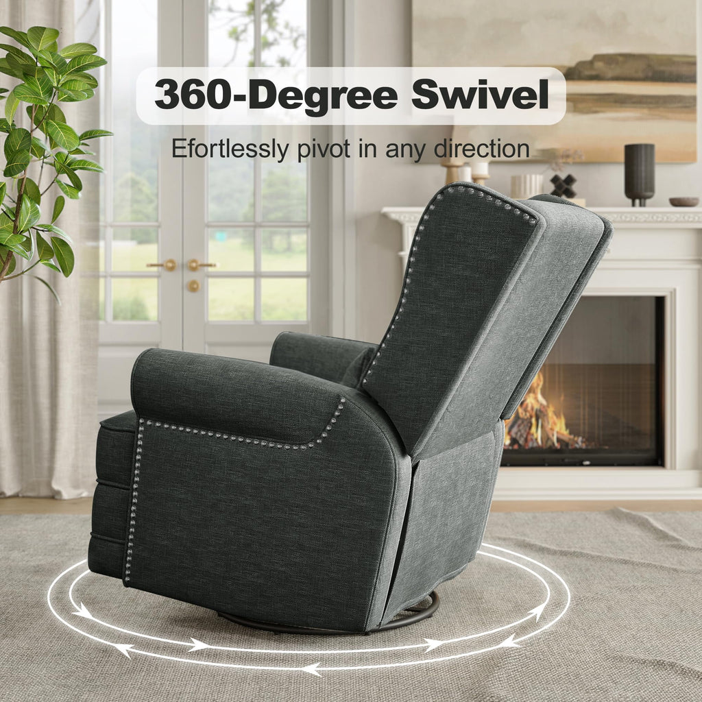 Royalcraft Swivel Nursery Glider Recliner. Comfy Upholstered Glider Chair with Lumbar Pillow and Footrest. Beige
