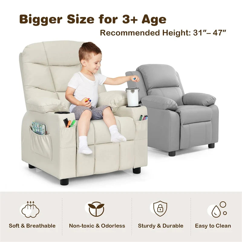 Kids Recliner Chair PU Leather Adjustable Lounge Sofa with Cup Holder. 3 Pockets & Retractable Footrest. Ergonomic Toddler Furniture Sofa