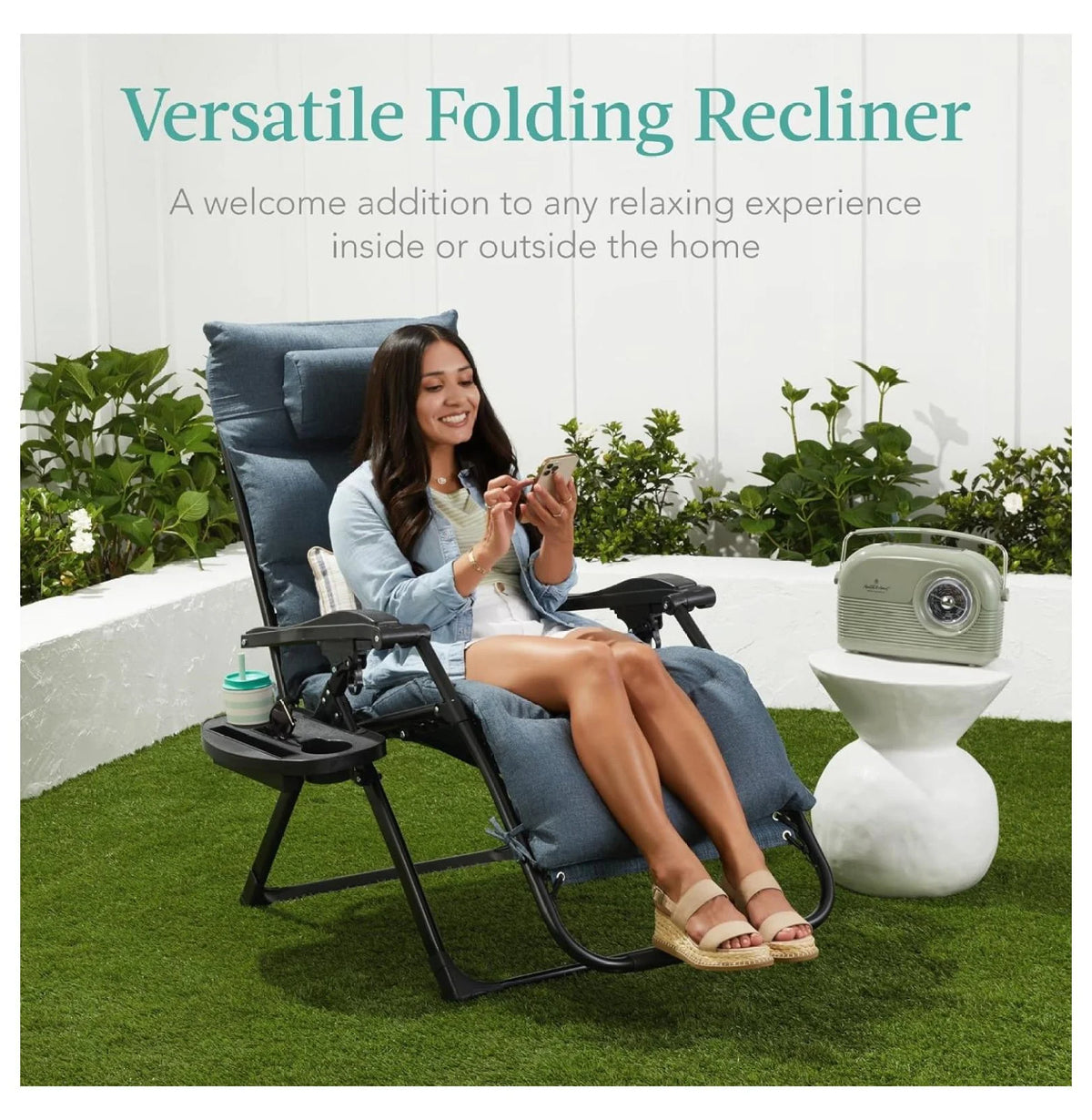 Oversized Chair. Folding Outdoor Patio Recliner. XL Anti Gravity Lounger W/Removable Cushion. Cup Holder. Side Tray. 350 lb Capacity - Taupe
