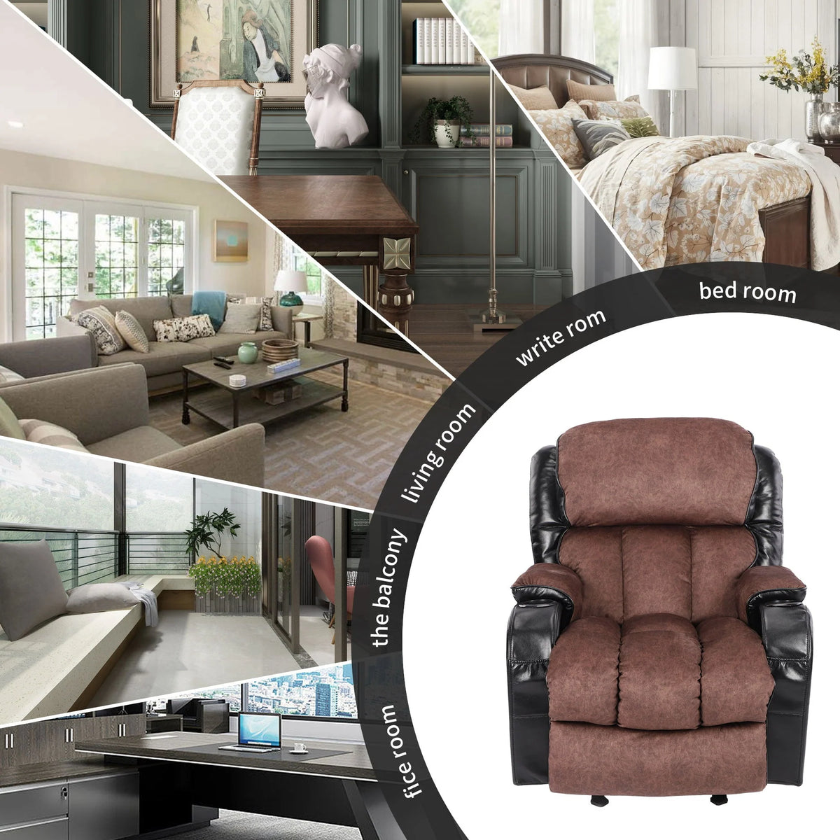 Leather Massage Recliner Chair. Modern Electric Power Rocker with Heated Massage. Ergonomic Lounge Chair. SEGMART Single Sofa Seat with Drink Holders for Living Room. Black and Brown