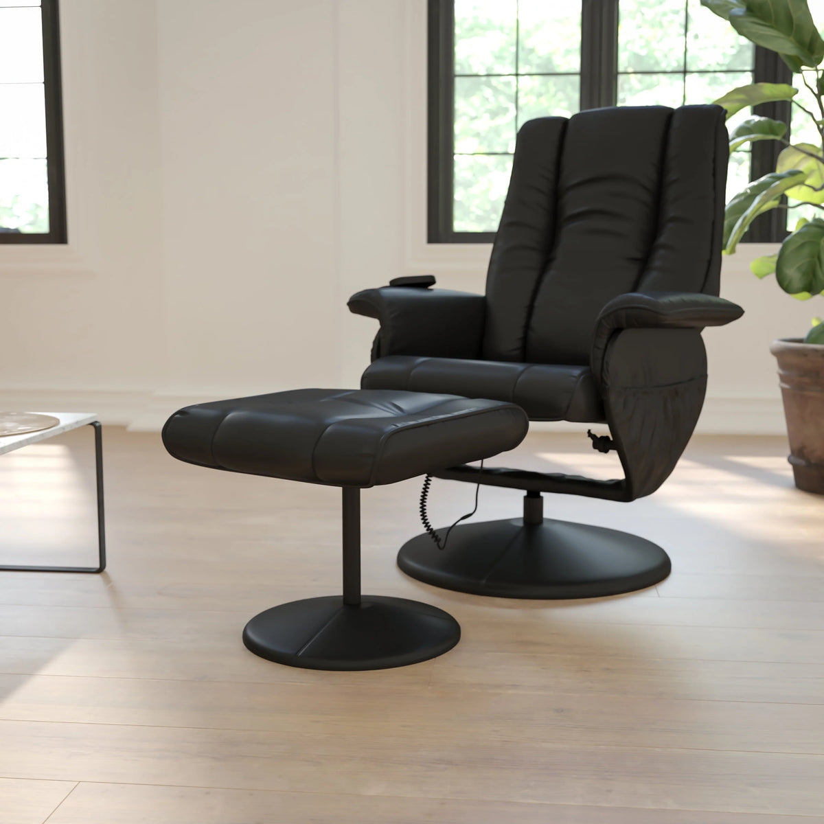 Bizchair Massaging Heat Controlled Adjustable Recliner and Ottoman with Wrapped Base in Black Leathersoft