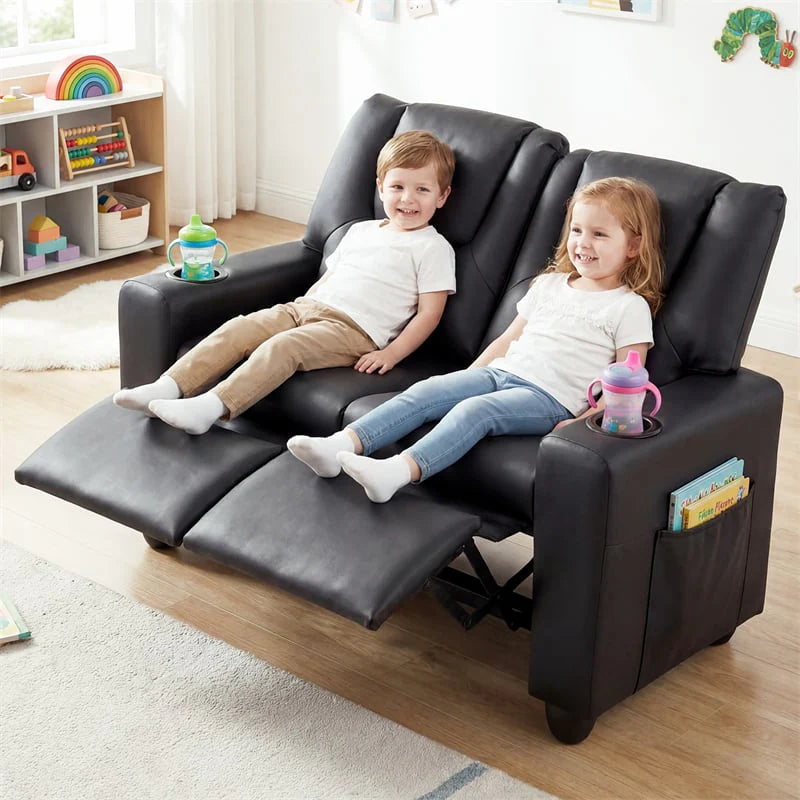 2-Seater Kids Recliner. PU Leather Reclining Loveseat with Cup Holders & 2 Side Storage Pockets. Adjustable Double Toddler Sofa for Boys Girls