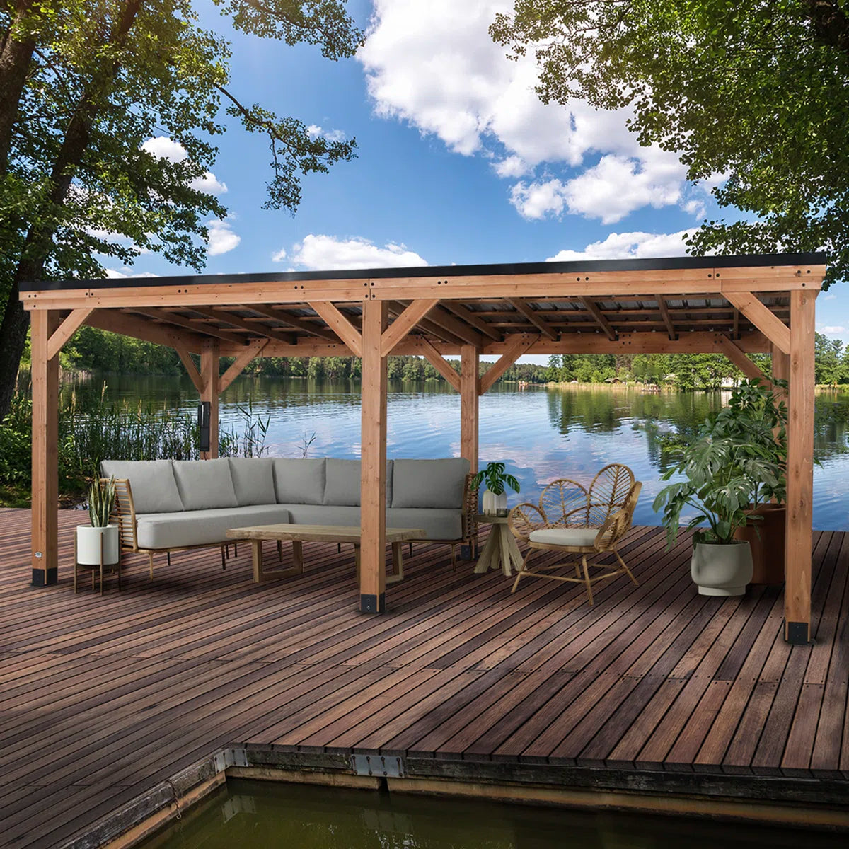 Backyard Discovery Arcadia 20' x 9.5' Cedar Wood Outdoor Patio Gazebo with Hardtop Galvanized Steel Slope Roof and PowerPort