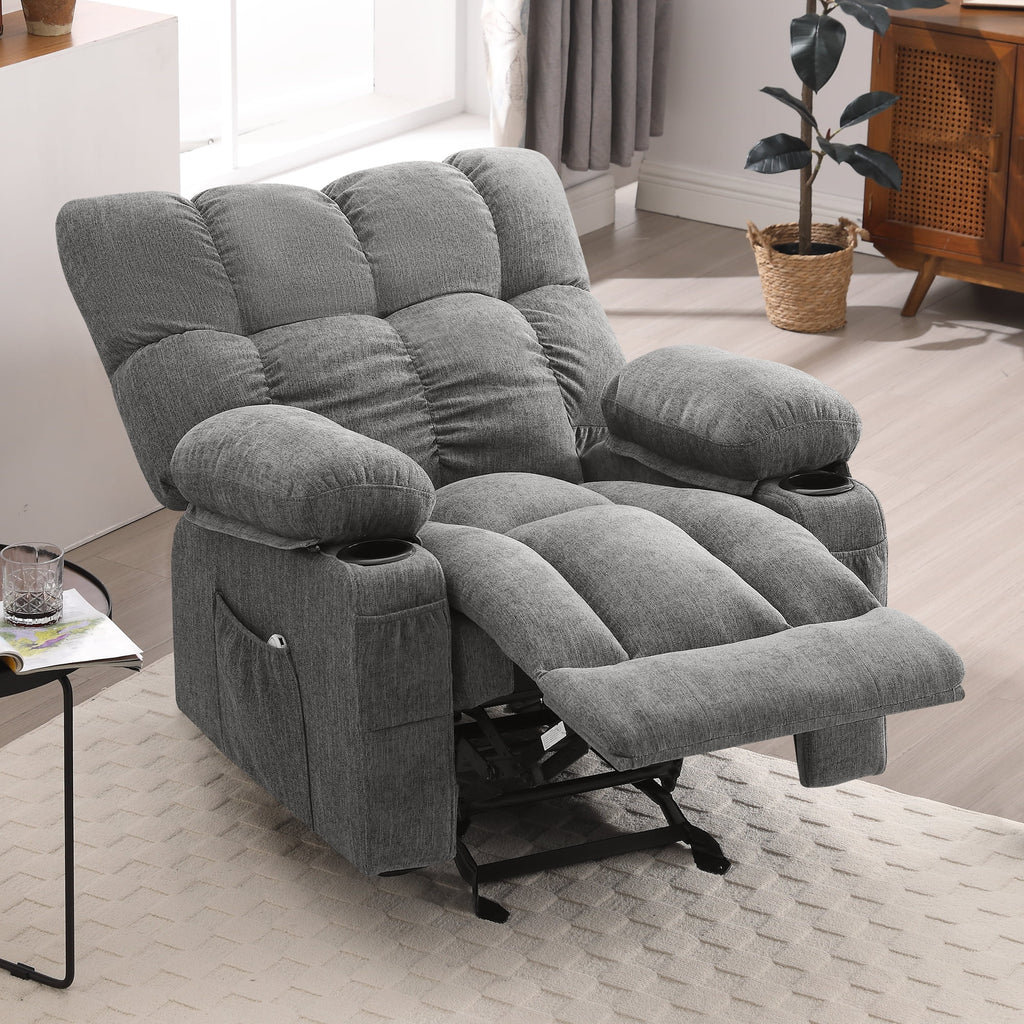 JONPONY Manual Recliner Chair with Heat Therapy and Massage Function. Heavy Duty Reclining Mechanism Massage Chair. Elderly Single Rocker Sofa with Cup Holders for Bedroom Home Theater. Grey