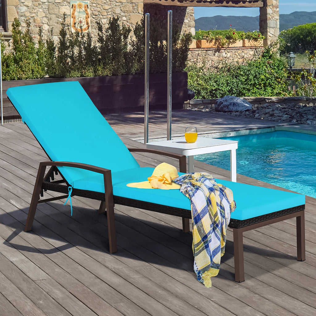 Costway 2PCS Patio Rattan Lounge Chair Chaise Recliner Back Adjustable Cushioned Red