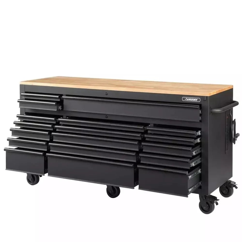 HEAVY-DUTY 72 IN. W 18-DRAWER. DEEP TOOL CHEST MOBILE WORKBENCH IN MATTE BLACK WITH ADJUSTABLE-HEIGHT HARDWOOD TOP