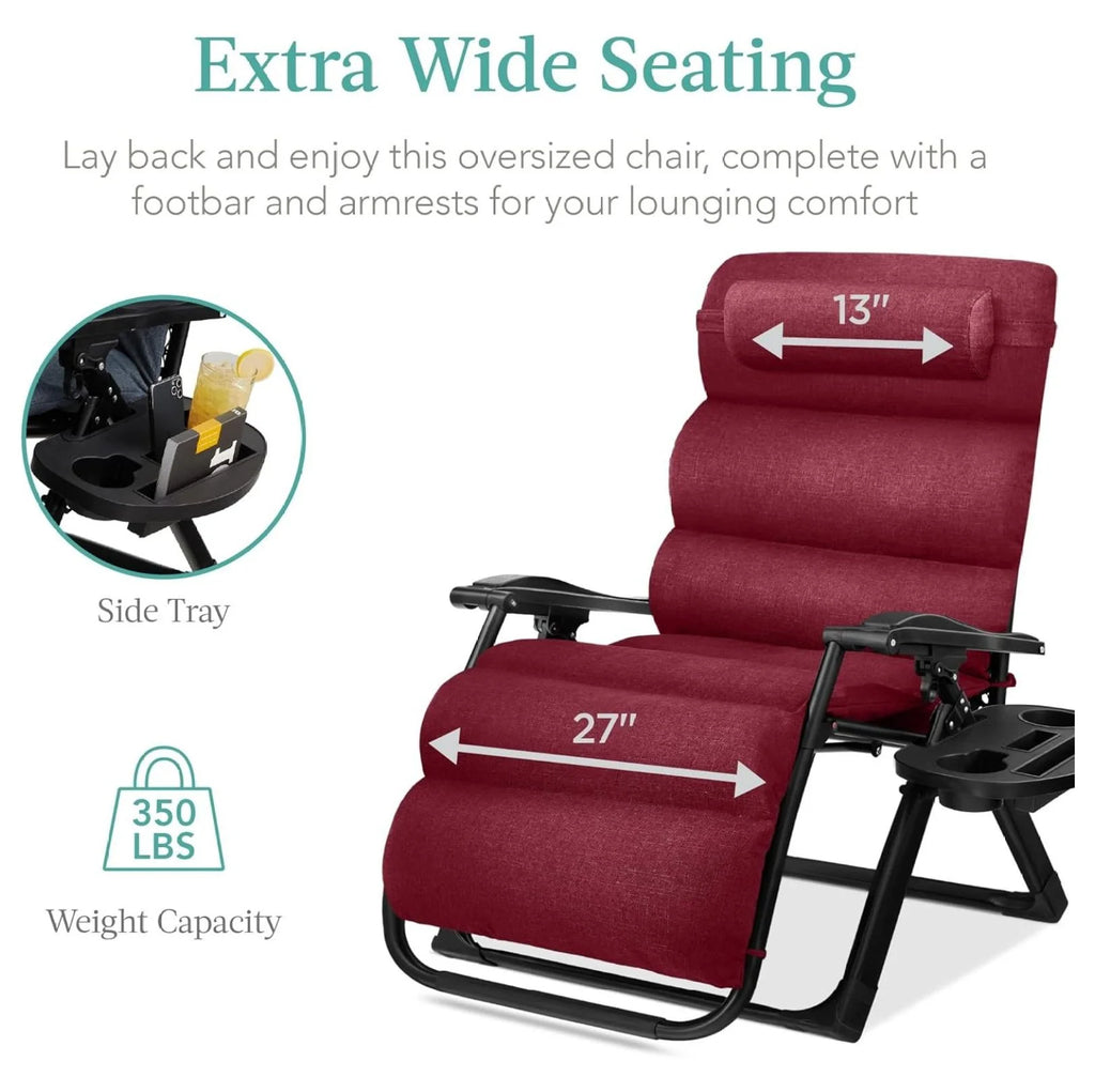 Oversized Chair. Folding Outdoor Patio Recliner. XL Anti Gravity Lounger W/Removable Cushion. Cup Holder. Side Tray. 350 lb Capacity - Taupe