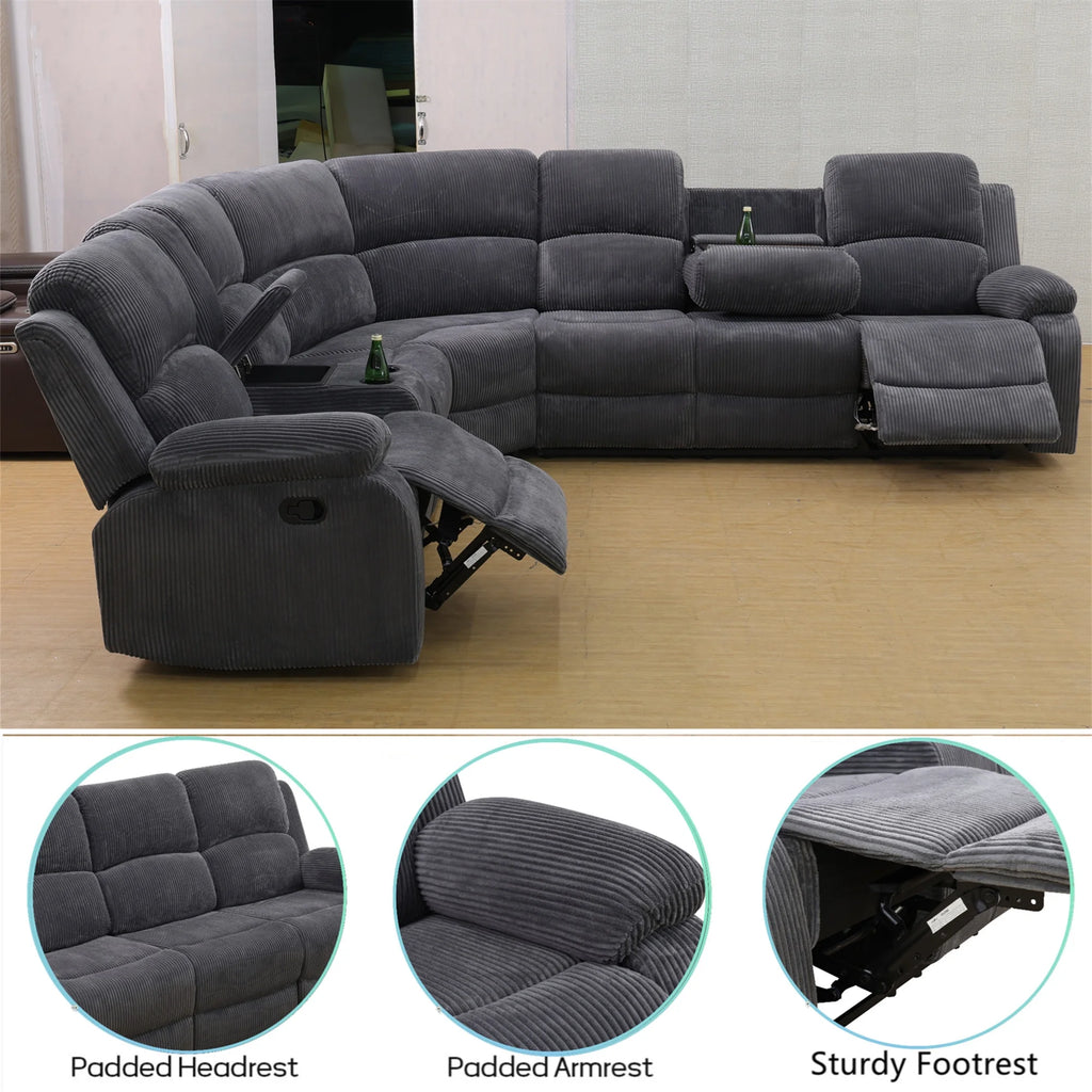 Aukfa 3 - Piece Recliner Sofa Set. 6 Seat Sectional Couch with Cup Holders&Storage Console. Gray
