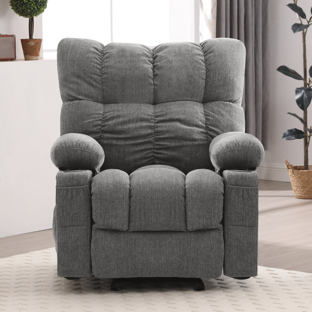 JONPONY Manual Recliner Chair with Heat Therapy and Massage Function. Heavy Duty Reclining Mechanism Massage Chair. Elderly Single Rocker Sofa with Cup Holders for Bedroom Home Theater. Grey