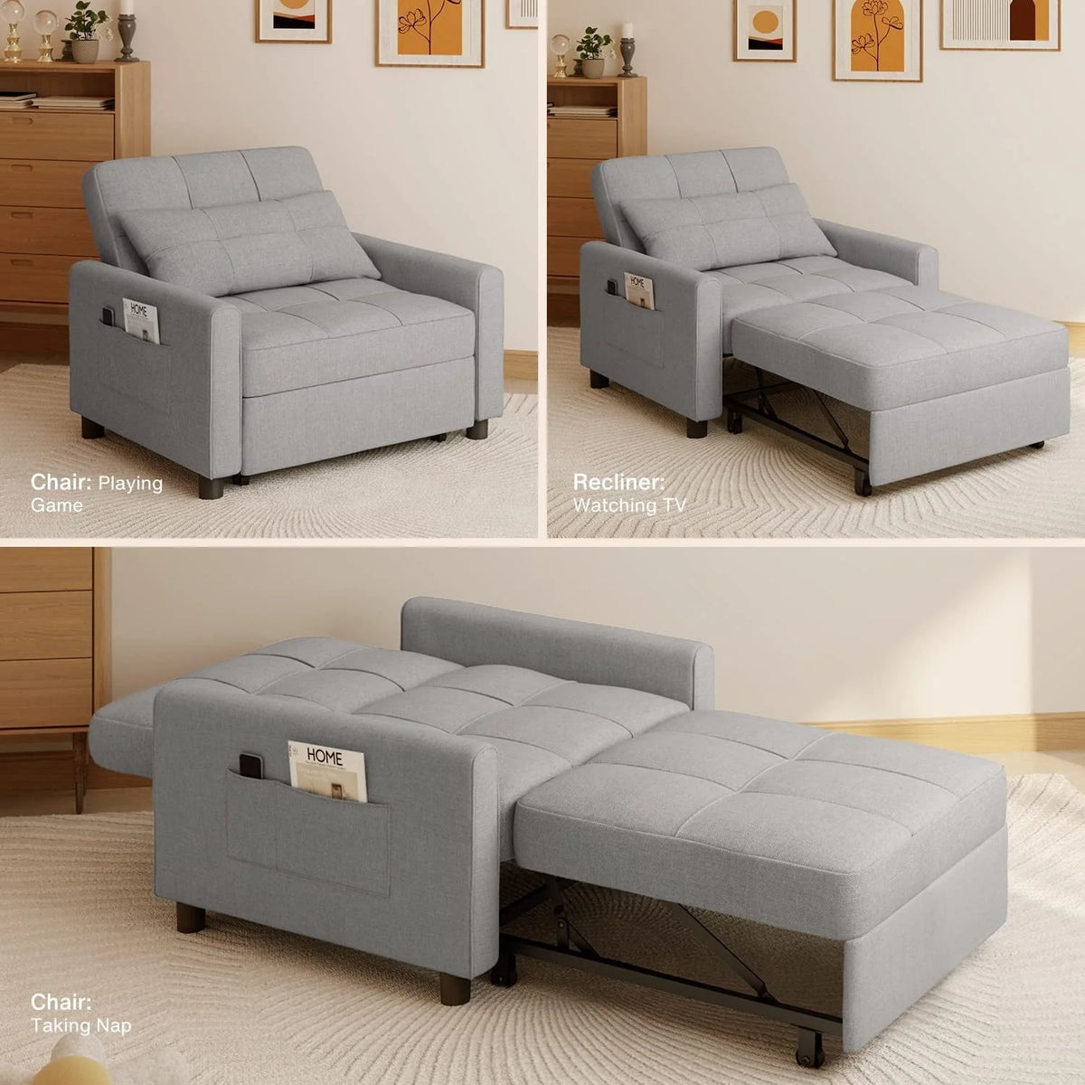 Lofka Chair Bed. Convertible Sofa Bed Couch Recliner Single Bed for Living Room/Office/Bedroom. Light Gray