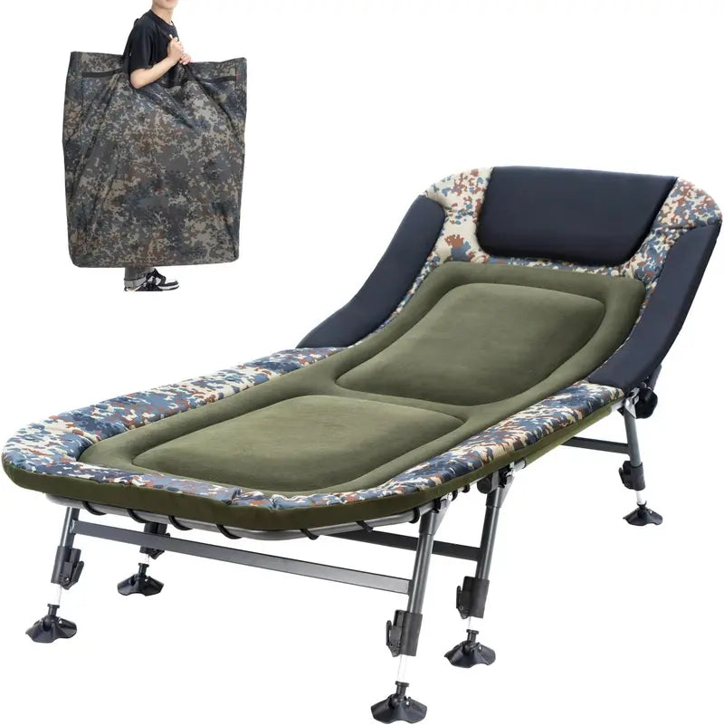 Green Heavy Duty Camping Cot with Mattress. 330lbs Capacity. Adjustable Reclining. Portable Folding Bed for Adults