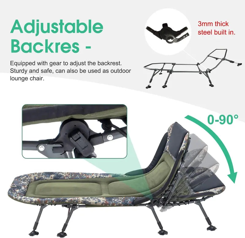 Green Heavy Duty Camping Cot with Mattress. 330lbs Capacity. Adjustable Reclining. Portable Folding Bed for Adults