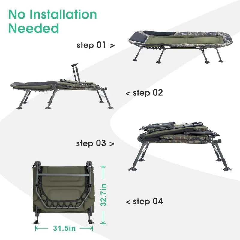 Green Heavy Duty Camping Cot with Mattress. 330lbs Capacity. Adjustable Reclining. Portable Folding Bed for Adults
