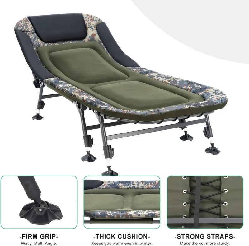 Green Heavy Duty Camping Cot with Mattress. 330lbs Capacity. Adjustable Reclining. Portable Folding Bed for Adults