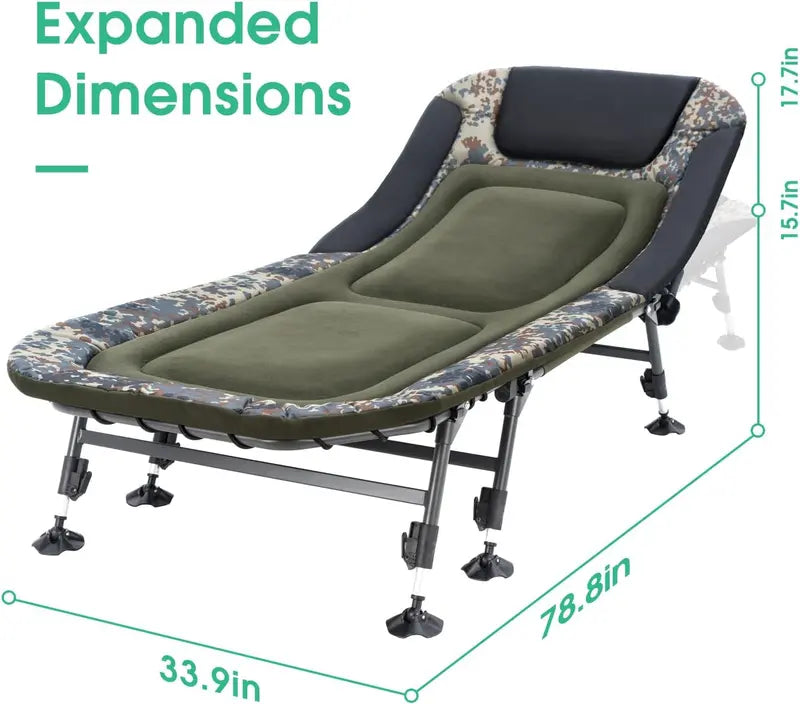 Green Heavy Duty Camping Cot with Mattress. 330lbs Capacity. Adjustable Reclining. Portable Folding Bed for Adults