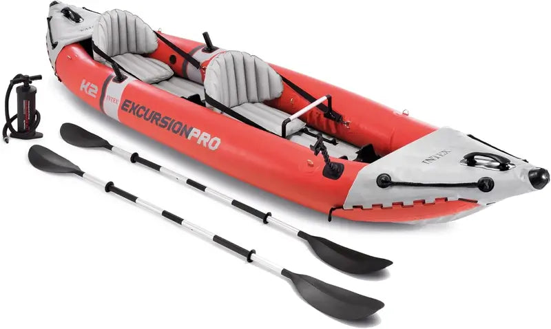 Intex Excursion Pro 2-Person Inflatable Kayak with Paddles. Pump. Fishing Rod Holders - Durable PVC. Adjustable Seat