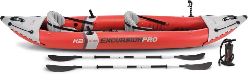 Intex Excursion Pro 2-Person Inflatable Kayak with Paddles. Pump. Fishing Rod Holders - Durable PVC. Adjustable Seat
