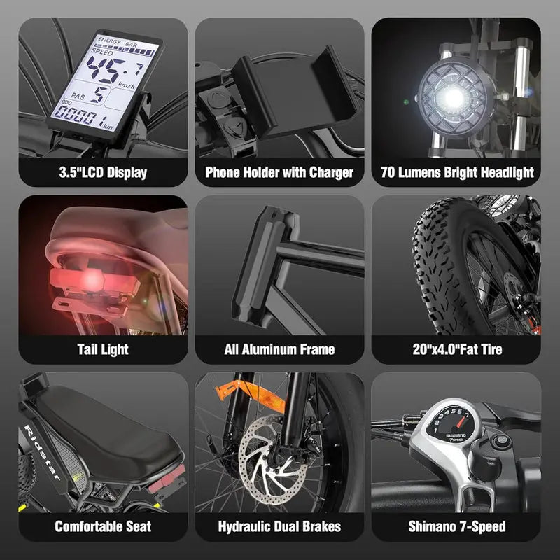 Q20 Electric Fat-Tire Bike – 2000W Motor. 37 mph Top Speed. 20″ Tires